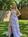 Lavender A-Line Lace Tulle Prom Dress Tiered Corset Slit Gown, 26012