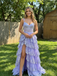 Lavender A-Line Lace Tulle Prom Dress Tiered Corset Slit Gown, 26012