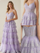 Lavender A-Line Lace Tulle Prom Dress Tiered Corset Slit Gown, 26012