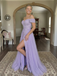 Lavender Sequin Tulle Off Shoulder Ruched Slit A Line Prom Dress, 26021