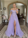 Lavender Sequin Tulle Off Shoulder Ruched Slit A Line Prom Dress, 26021