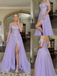 Lavender Sequin Tulle Off Shoulder Ruched Slit A Line Prom Dress, 26021