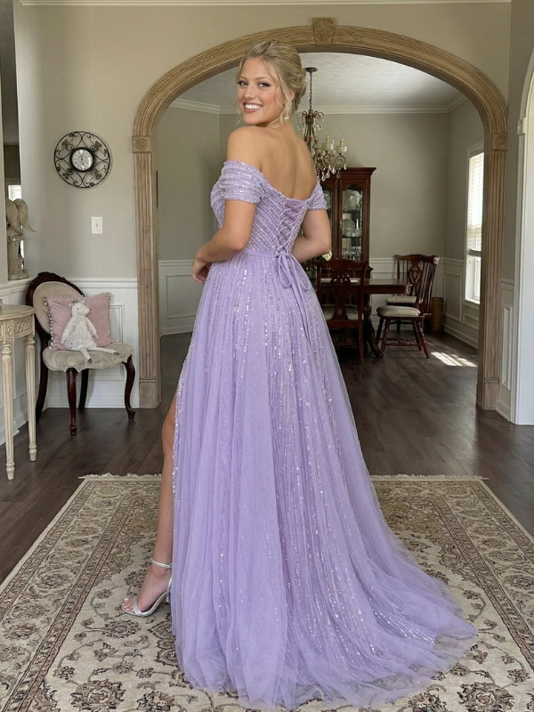 Lavender Sequin Tulle Off Shoulder Ruched Slit A Line Prom Dress, 26021