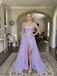 Lavender Sequin Tulle Off Shoulder Ruched Slit A Line Prom Dress, 26021