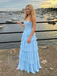 Light Blue Chiffon Tiered Prom Dress Strapless Satin Corset Gown, 26009