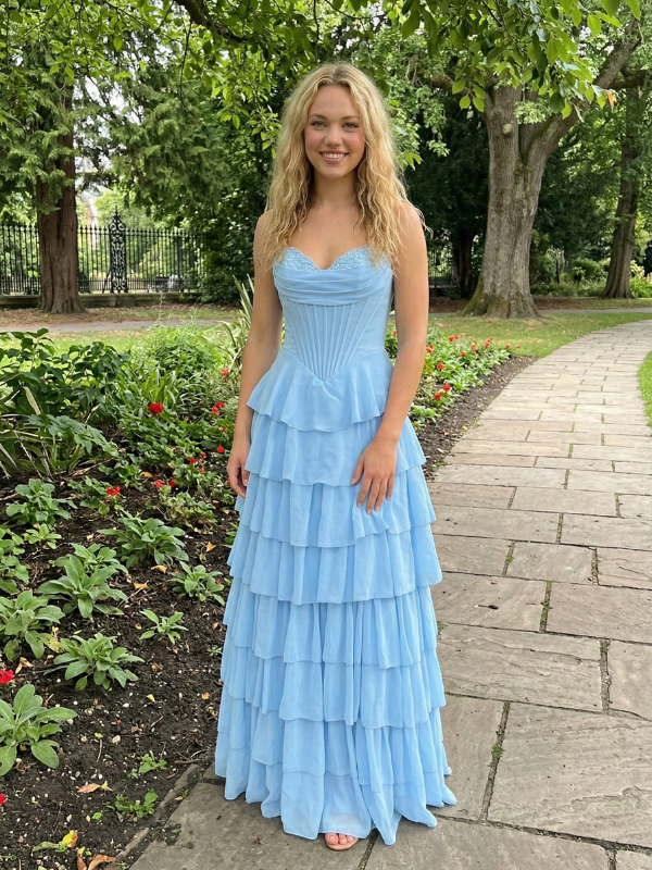Light Blue Chiffon Tiered Prom Dress Strapless Satin Corset Gown, 26009