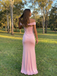 Light Pink Off Shoulder Ruched Mermaid Satin Prom Dress Evening Gown, 26014