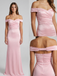 Light Pink Off Shoulder Ruched Mermaid Satin Prom Dress Evening Gown, 26014
