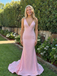 Light Pink Pearl Prom Dress V-Neck Open Back Mermaid Gown, 26013