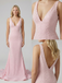Light Pink Pearl Prom Dress V-Neck Open Back Mermaid Gown, 26013