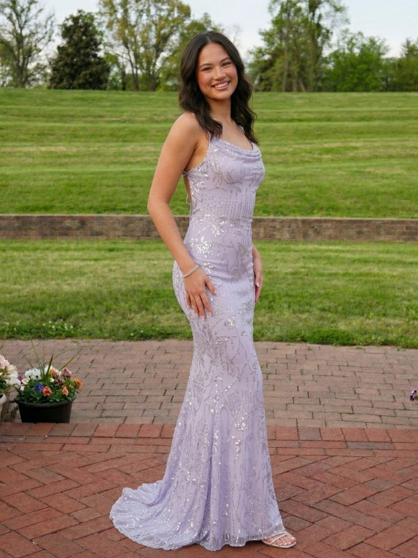 Lilac Sequin Cowl Neck Open Back Mermaid Prom Dress, 26025