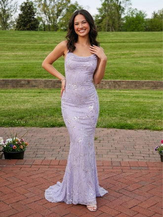 Lilac Sequin Cowl Neck Open Back Mermaid Prom Dress, 26025