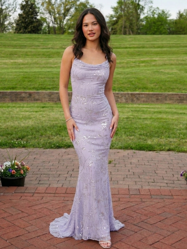 Lilac Sequin Cowl Neck Open Back Mermaid Prom Dress, 26025