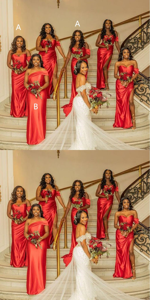 Mismatched Red Mermaid Side Slit Cheap Maxi Long Bridesmaid Dresses Online,WG1502