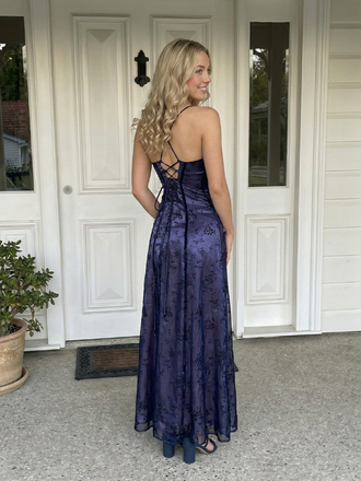 Navy Blue Floral Tulle Prom Dress Halter-Neck Lace-Up Back Evening Gown, 26007