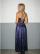 Navy Blue Floral Tulle Prom Dress Halter-Neck Lace-Up Back Evening Gown, 26007