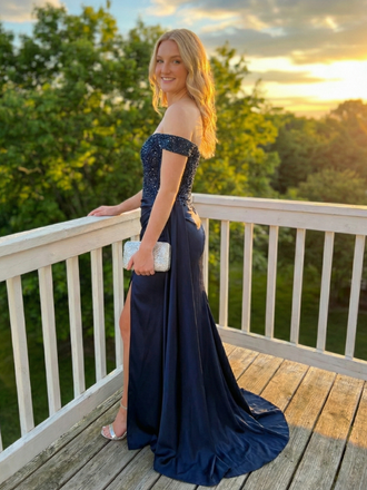 Navy Blue Satin Off Shoulder Sequin Corset Prom Dress, 26010