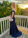 Navy Blue Satin Off Shoulder Sequin Corset Prom Dress, 26010