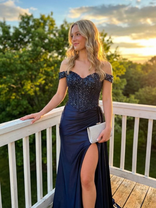 Navy Blue Satin Off Shoulder Sequin Corset Prom Dress, 26010