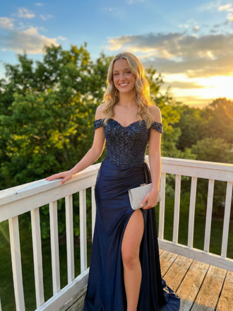 Navy Blue Satin Off Shoulder Sequin Corset Prom Dress, 26010