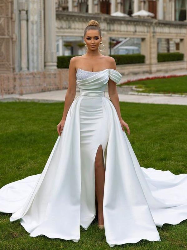 Off White Mermaid One Shoulder Side Slit Maxi Long Party Prom Dresses,13097