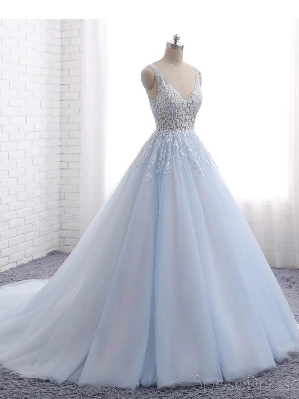 Pale Blue V Neckline A line Tulle Lace Beaded Evening Prom Dresses, Popular Sweet 16 Party Prom Dresses, Custom Long Prom Dresses, Cheap Formal Prom Dresses, 17171