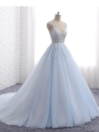 Pale Blue V Neckline A line Tulle Lace Beaded Evening Prom Dresses, Popular Sweet 16 Party Prom Dresses, Custom Long Prom Dresses, Cheap Formal Prom Dresses, 17171