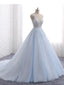 Pale Blue V Neckline A line Tulle Lace Beaded Evening Prom Dresses, Popular Sweet 16 Party Prom Dresses, Custom Long Prom Dresses, Cheap Formal Prom Dresses, 17171