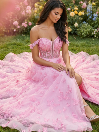 Pink 3D Butterfly Off Shoulder Corset Slit Prom Dress A Line, 26017