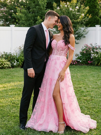 Pink 3D Butterfly Off Shoulder Corset Slit Prom Dress A Line, 26017
