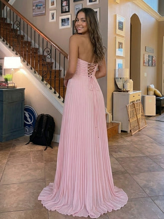 Pleated Strapless Knot Front A Line Flowy Chiffon Prom Dress, 26026