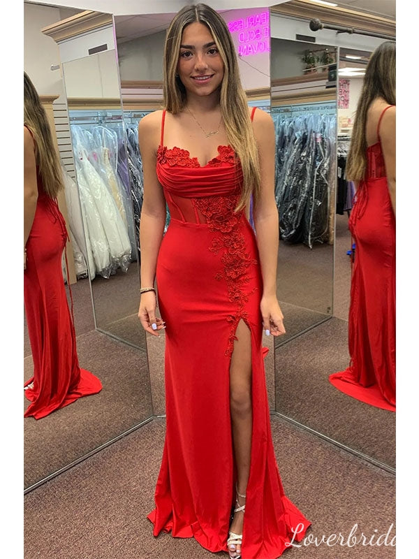 Gorgeous Red Mermaid Side Slit Long Party Prom Dresses To Impress,Evening Dress,13536