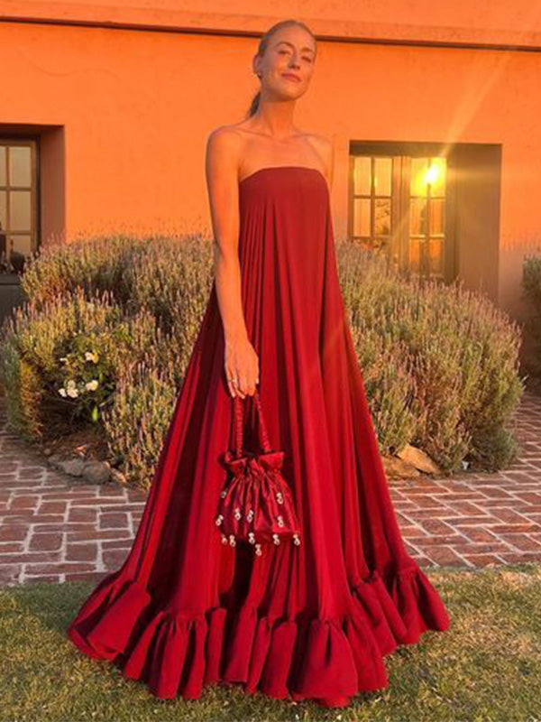 Simple Dark Red A-line Strapless Maxi Long Party Prom Dresses,Evening Dress,13300