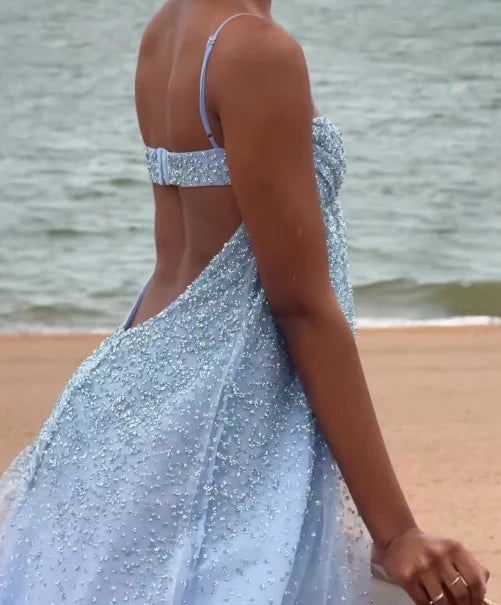 Sexy Blue A-line Spaghetti Straps Long Party Prom Dresses Ideas,Evening Dress,13584