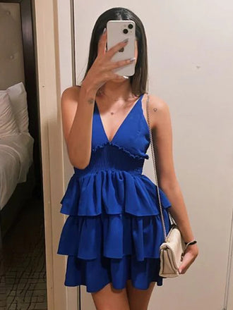 Sexy Blue A-line V-neck Mini Short Prom Homecoming Dresses Online,CM986