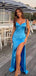 Sexy Blue Mermaid Spaghetti Straps Side Slit Maxi Long Party Prom Dresses,Evening Dress,13256