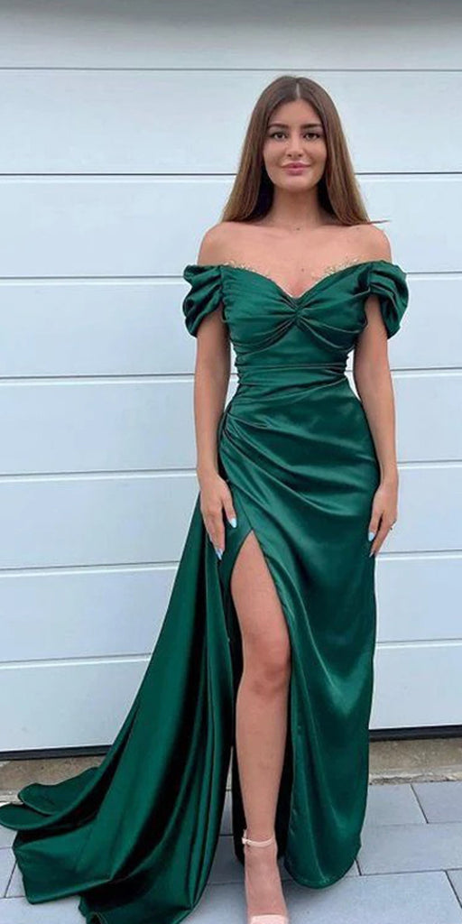 Sexy Green Mermaid Off Shoulder Side Slit Long Party Prom Dresses, Evening Dress,13152