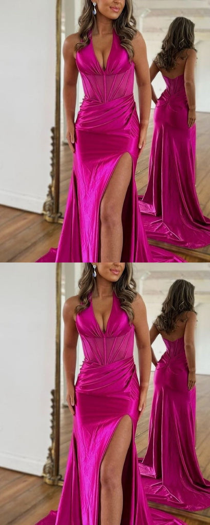 Sexy Mermaid Halter V-neck Side Slit Maxi Long Party Prom Dresses, Evening Dress,13171