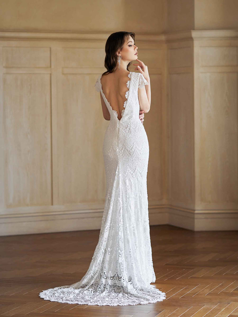 Sexy Mermaid V-neck Open Back Handmade Lace Wedding Dresses,WD794