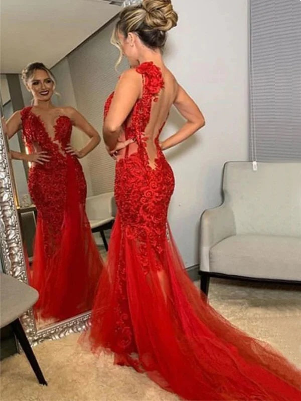 Sexy Red Mermaid One Shoulder Maxi Long Party Prom Dresses, Evening Dress,13117