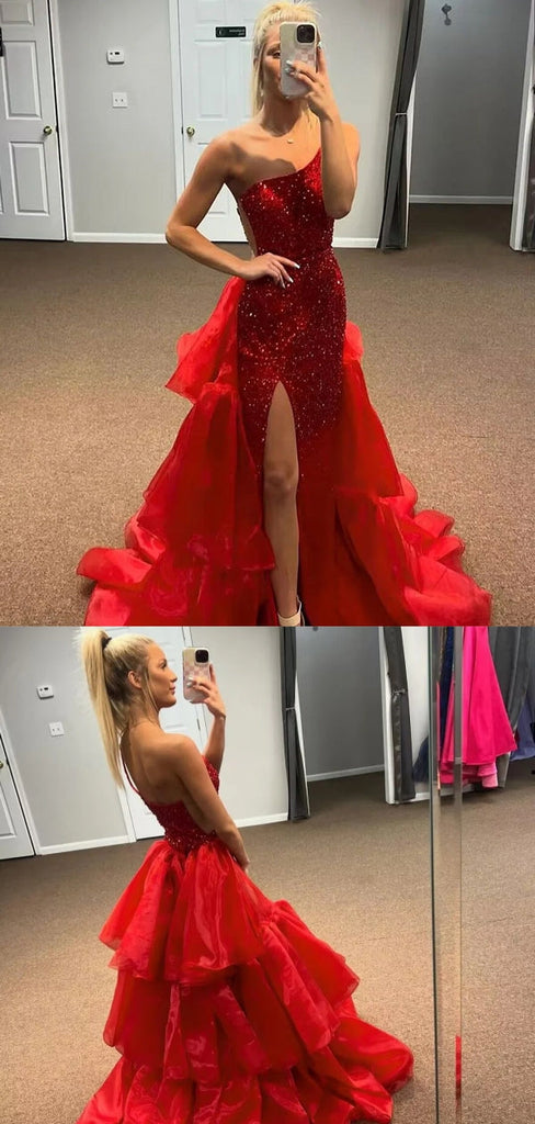 Sexy Red Mermaid One Shoulder Maxi Long Party Prom Dresses, Evening Dress,13245