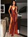 Sexy Rust Sheath High Slit Spaghetti Straps Maxi Long Prom Dresses,13031