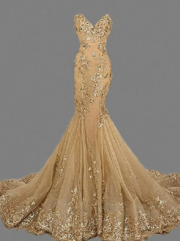Sexy Sweetheart Gold Lace Beaded Mermaid Long Evening Prom Dresses, Popular Cheap Long Party Prom Dresses, 17238
