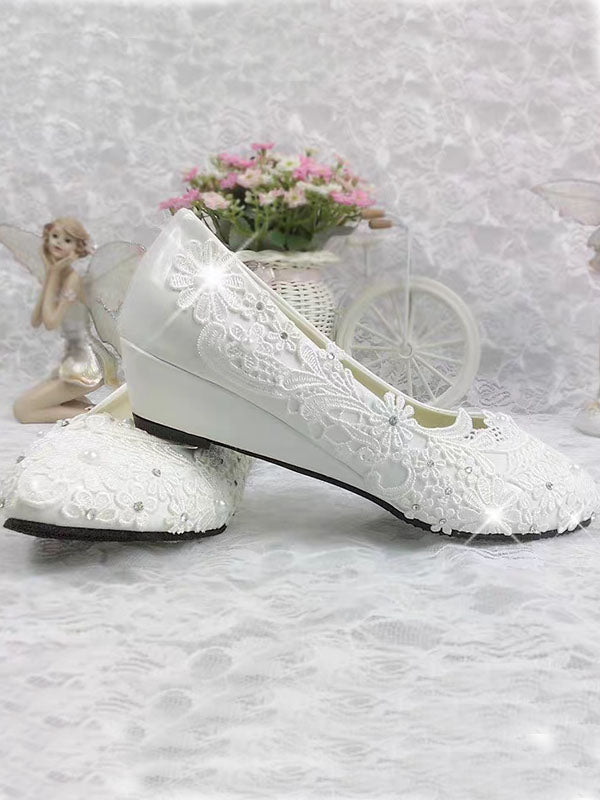 Women's Wedding Shoes Decorative Lace Wedding Low Heels Bridal Shoes, H92