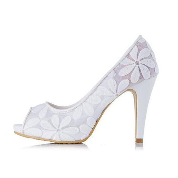 Lace Fish Toe White High Heels Wedding Bridal Shoes, S015