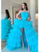 Sky Blue High Low Strapless Long Party Prom Dresses Online,13107