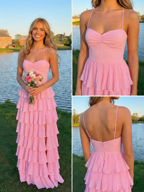 Sweet Pink Pleated Tiered Prom Dress Sweetheart Chiffon High Slit Gown, 26002