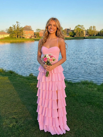 Sweet Pink Pleated Tiered Prom Dress Sweetheart Chiffon High Slit Gown, 26002