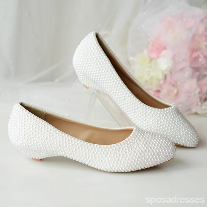 Women's Wedding Shoes Decorative Pearl Wedding Low Heels Bridal Shoes With Beading,H82