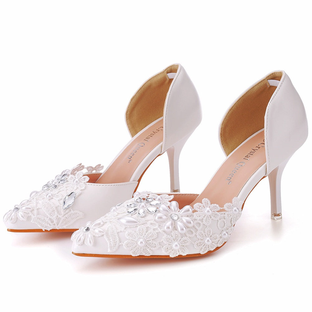 Women's Wedding Shoes Decorative Lace Pearl Wedding Heels Bridal Shoes, H96